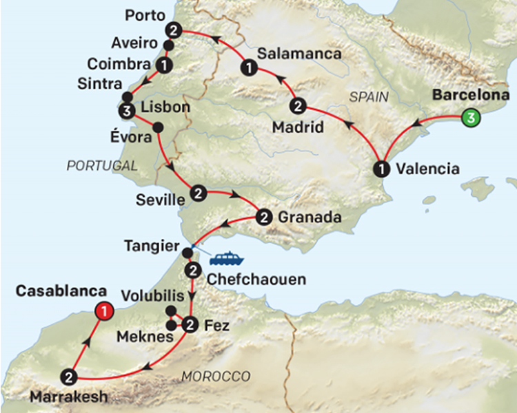 Spain, Portugal & Morocco tour map